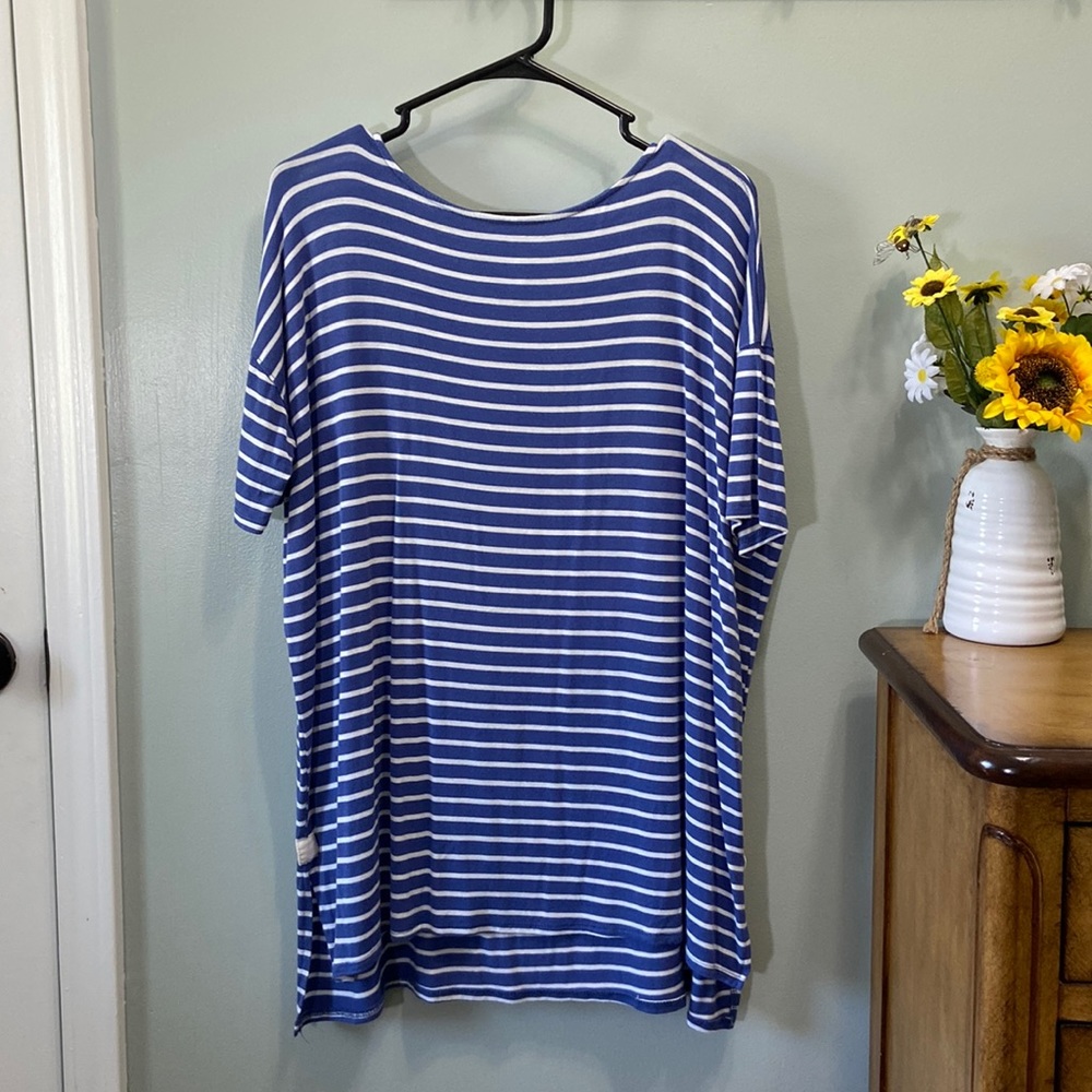 Emerald Blue White Stripes Womens Top Size M # 265